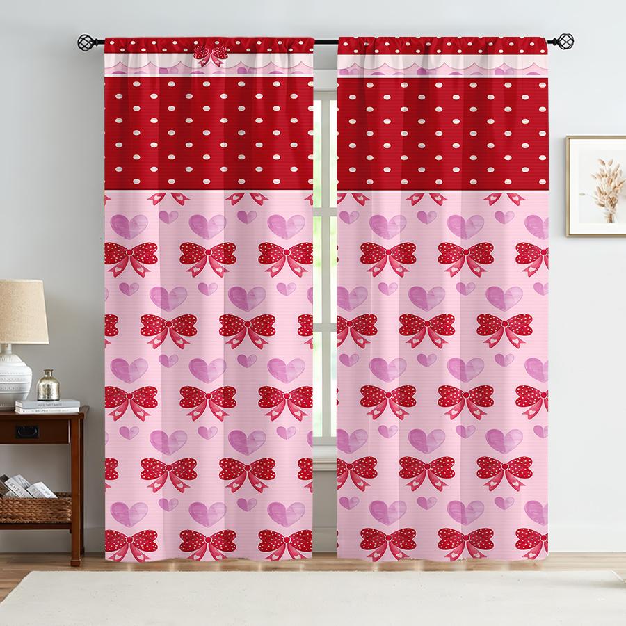 Set Of 2 Red White Polka Dot Bow Heart Curtain Sweet Retro Style Living Room Bedroom Decorative Drawbar Pockets For Area Made Polyester