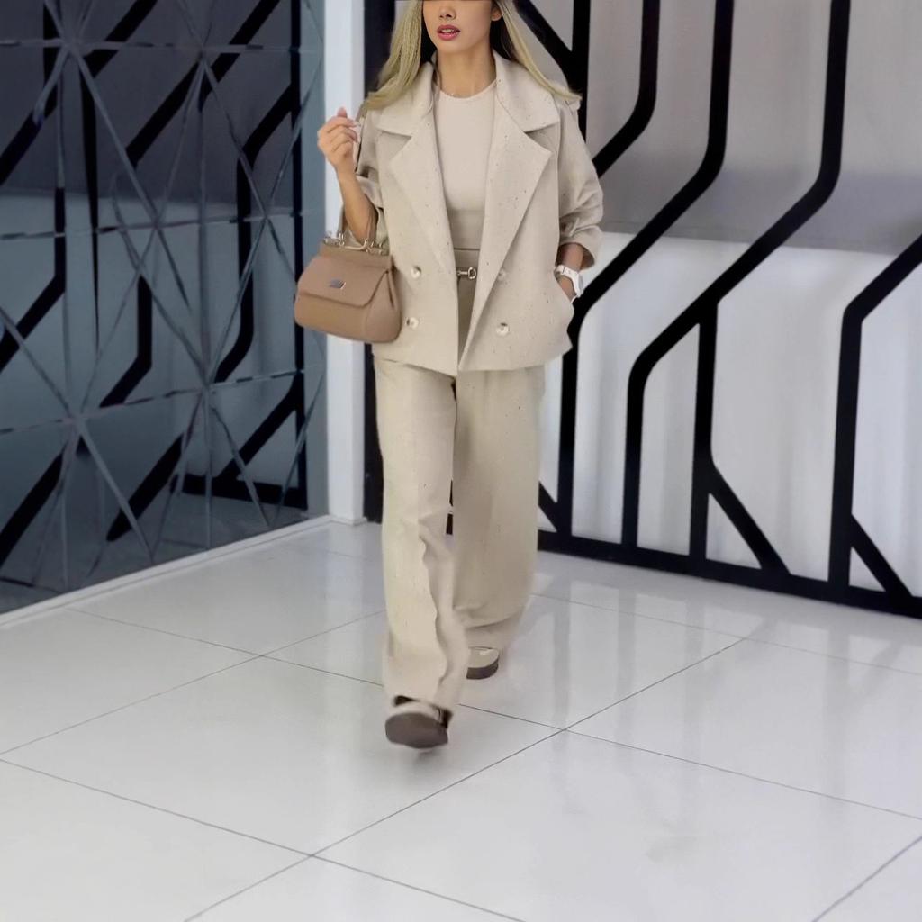 2025 Autumn/Winter Cross-border European and American Casual Closed-sleeve Suit Buttoned Cardigan Long-sleeve Jacket Loose Wide-leg Pants Set