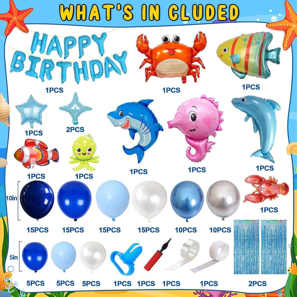 Shark Ocean Theme Foil Balloon Set Kids Birthday Party Decor Kit