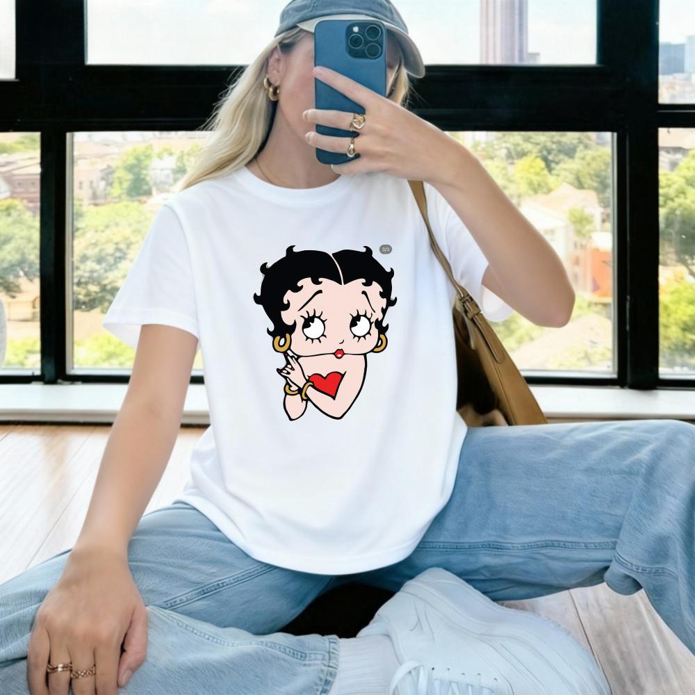 Betty Boop with Pudgy Dog Shirt Vintage Women Summer Cotton Short Sleeve Retro Cartoon Girl Graphic Printed Casual Daily Outfit