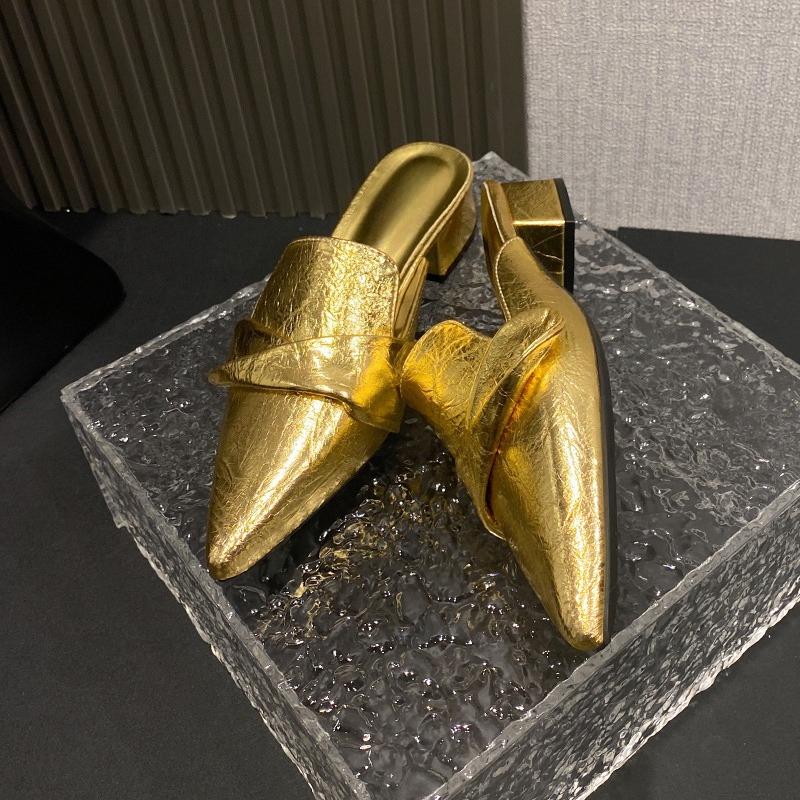 Fashion Fashionable New Block Heel Pointed Toe Slip-on Slippers for Women in Summer with Skirt Non-slip Wrapped Head Half Drag