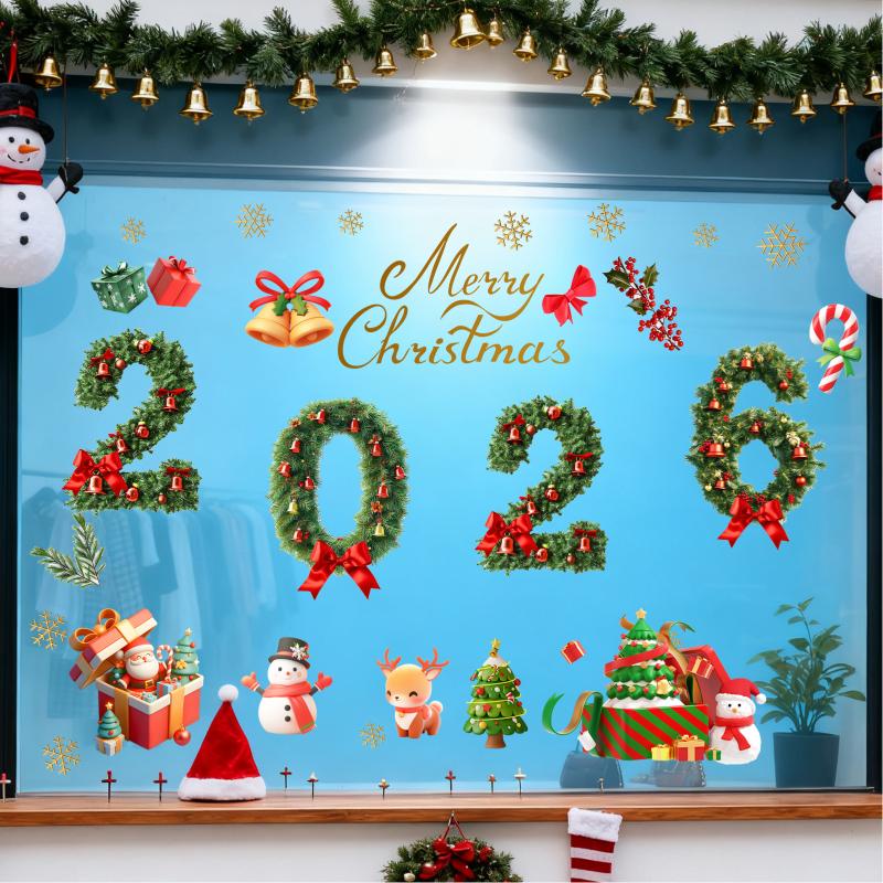 Christmas Glass Electrostatic Stickers | 2026 New Year Green Pine Needle Window Stickers Bow Party Decoration Festival Supplies