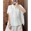 Women's Stand Collar Linen Blend Shirt Loose Thin Short Sleeve Button Down Vintage Casual Summer Blouse