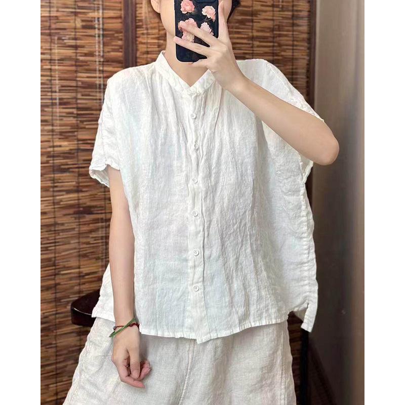 Women's Stand Collar Linen Blend Shirt Loose Thin Short Sleeve Button Down Vintage Casual Summer Blouse