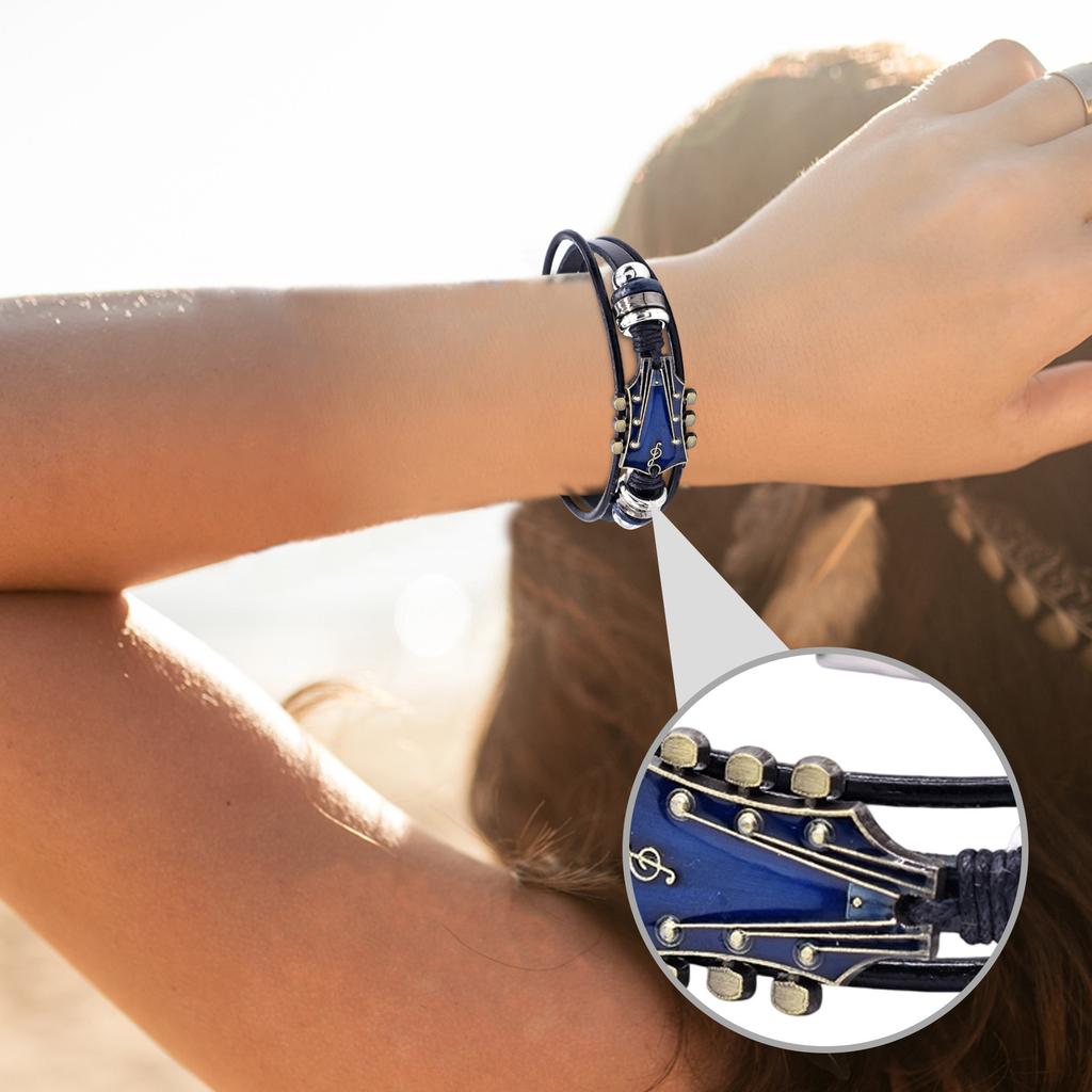 Alloy Music Guitar Leather Bracelet With  Flag Colored Enamel Stainless Steel Buckle And Woven Leather Strap.