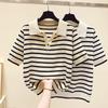 Damenbekleidung Mode Polo-Kragen Gestreifte Kurzarm-T-Shirts Sommer Vintage Knopf Süßes Strickoberteil Büro Dame Locker Pullover