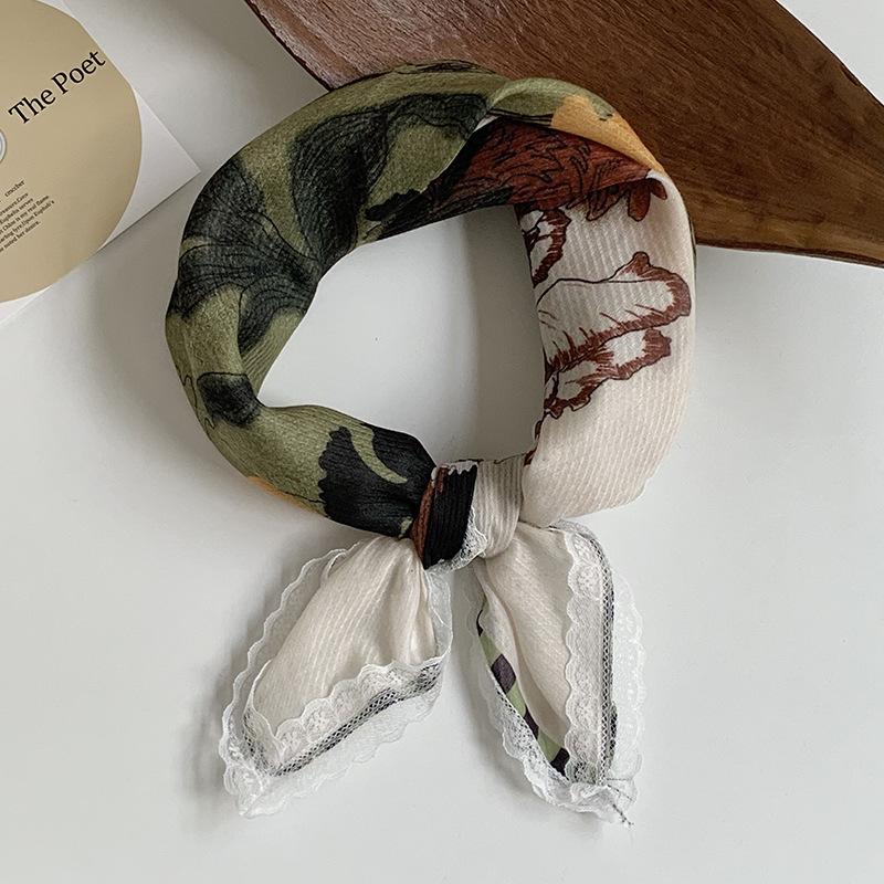 Silk scarf neck small square scarf new multi-color versatile headscarf summer women's pastoral lace headband hair accessories decorative small scarf
