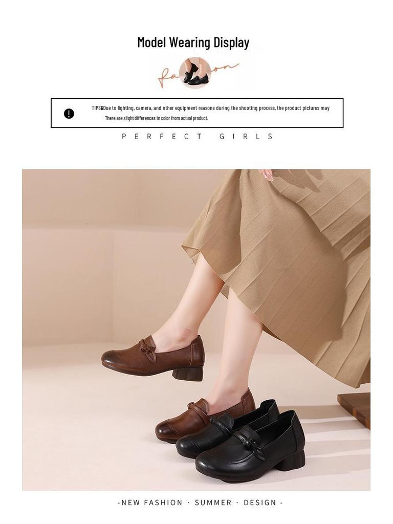 Women's Retro Low Heel Cowhide Shoes: Comfortable, Versatile, Non-Slip Soft Sole, Ideal for Commuting.