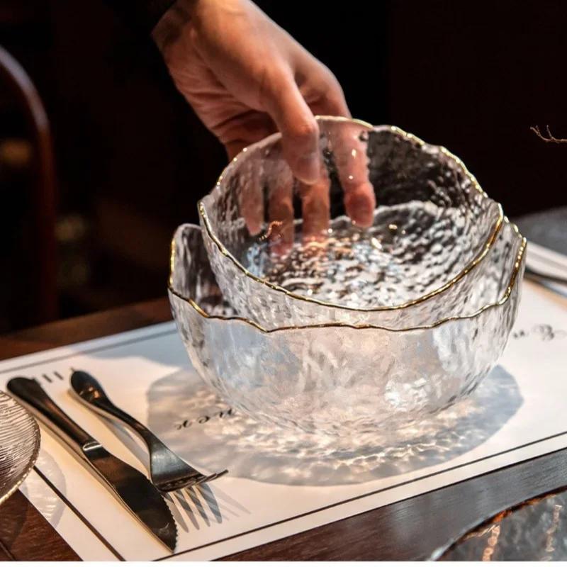 380/750/1450ml Salat Glasschüssel Goldrand Obst Süßigkeiten Snack Lebensmittel Rührschüssel Groß Desktop Gemüse Salat Glasbehälter