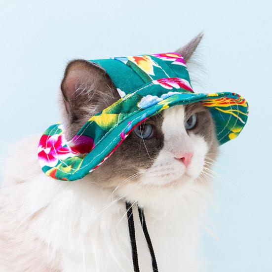 Pet Sun Hat with Ear Holes Adjustable Tie-Dyed Bucket Hat Outdoor Round Brim Sun Protection Hat for Small Medium Dogs Cats