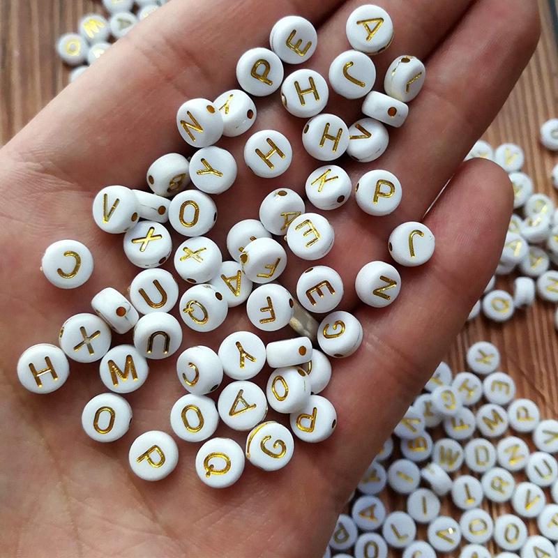 Acrylic Alphabet Beads: 4x7MM White Background with Gold Letters for DIY Jewelry and Crafts