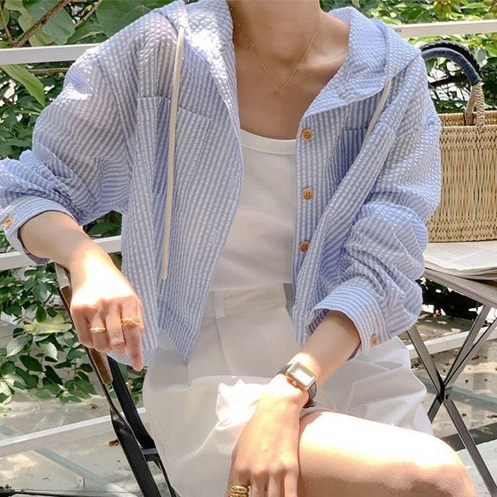 Retro Long Sleeved Shirt Drawstring Sweatshirts for Women Sweet Striped Hooded Shirt Autumn