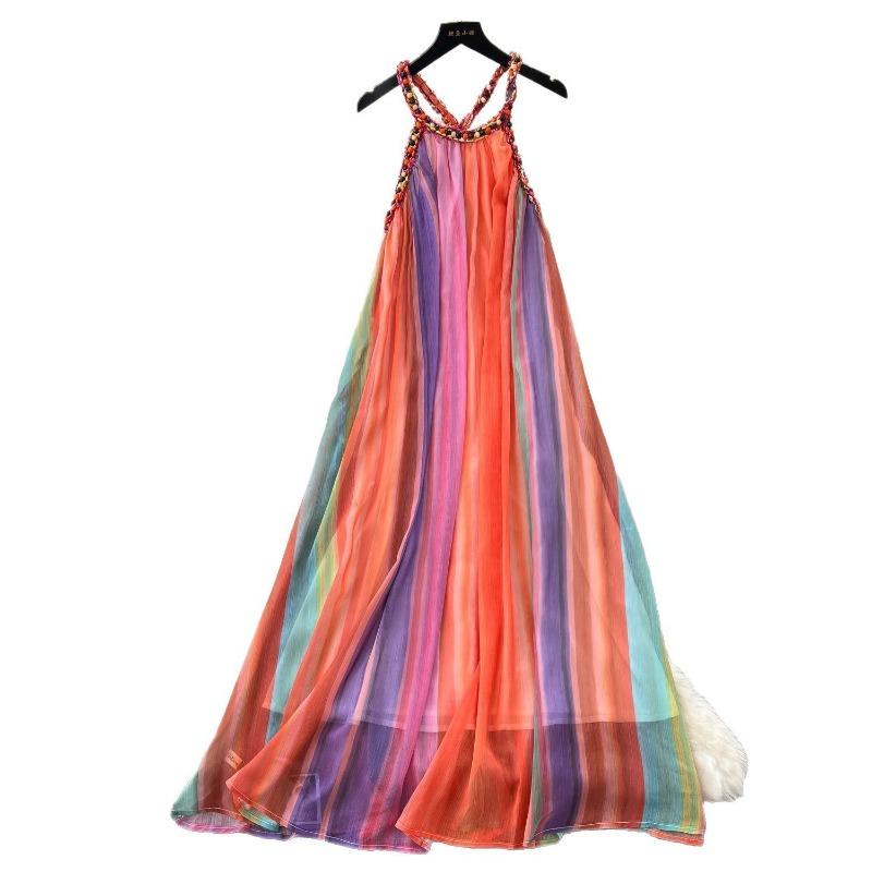 Böhmisches Urlaubskleid Damen Sommer Neckholder Hochtailliert Schlankmachendes Chiffonkleid