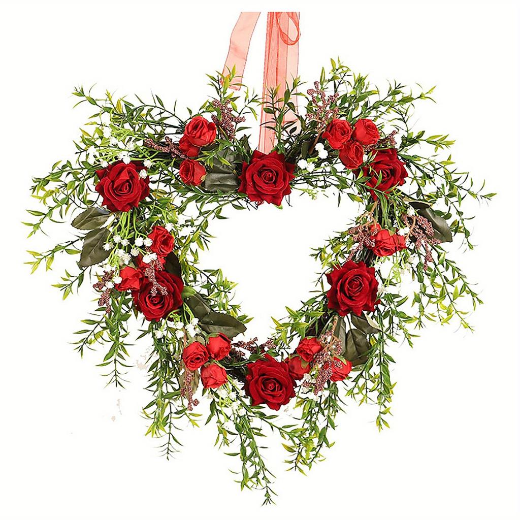 Valentines Day Heart-shaped Decorative Wreath, Hanging Garlands with Artificial Roses and Leaves, With/ Without Light