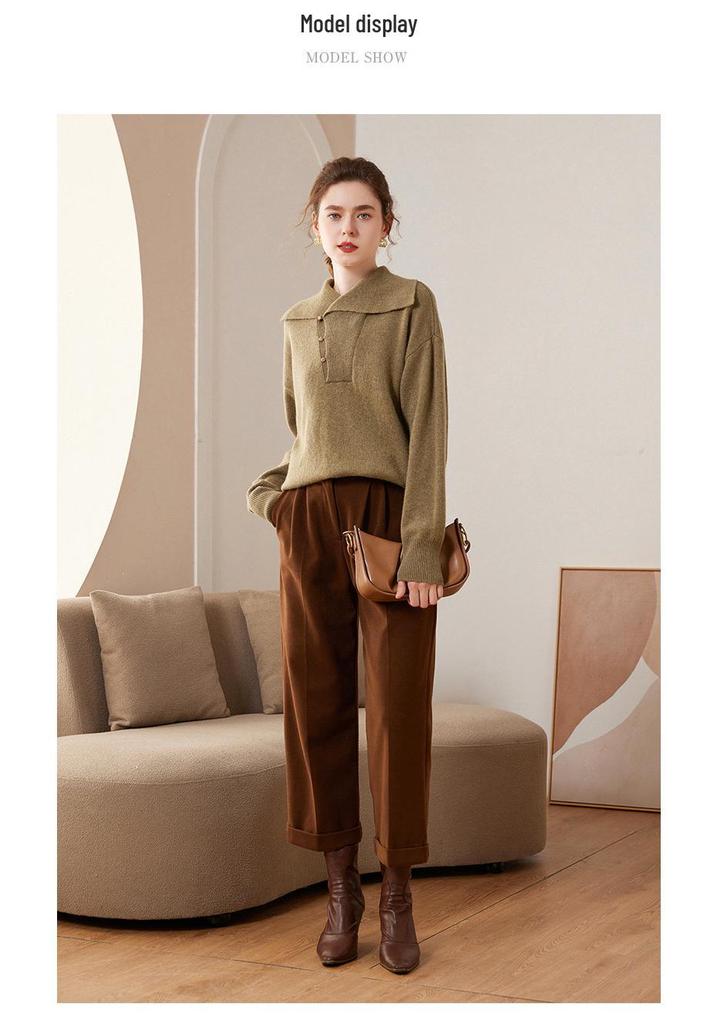 Women's Solid Color Cashmere Lapel Knit Sweater - Long Sleeve, Loose Fit, Warm Pullover for Autumn & Winter