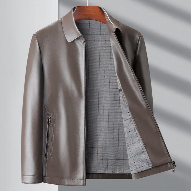 Men's Versatile Sheepskin Leather Jacket: 2025 Spring/Autumn, Middle-Aged Dad Lapel Motorcycle Style