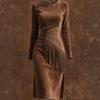 Brown Long Sleeve Bodycon Dress with Asymmetrical Fringe