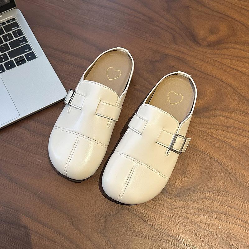 

Ретро круглый носок глубокий вырез плоская подошва сумка на голову крутые тапочки женские 2025 весна и лето новые простые и универсальные сумка-слинг 35 бежевый