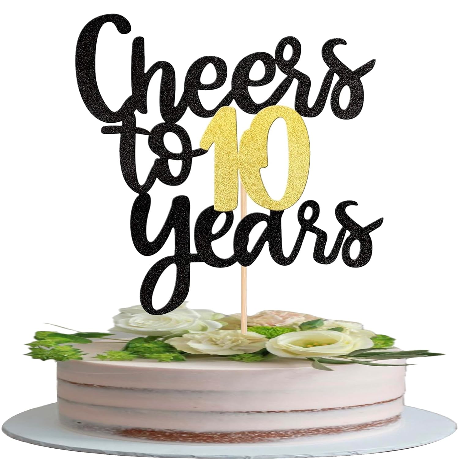 Cheers to 21 Years Cake Topper - Black and Gold Glitter Assembled Birthday Cake Pick - Happy 21st Cake Decoration for Anniversary and Twenty-One 10th