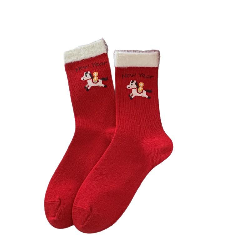 "Jahr des Pferdes Reichtum" Große Rote Socken Gekämmte Baumwollsocken Frieden und Freude Neujahrssocken