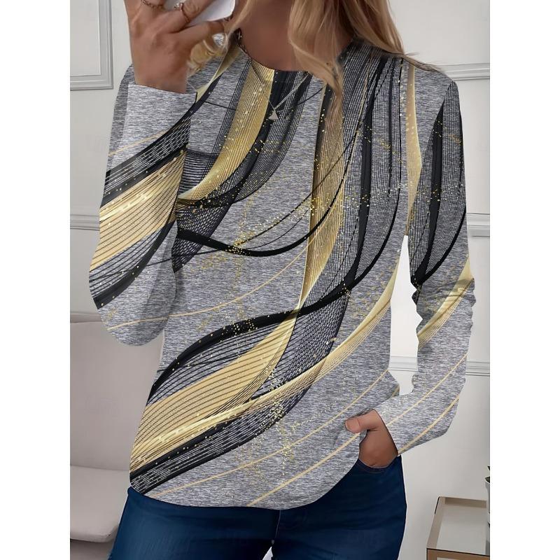 Spring and Autumn Round Neck Abstract Pattern 3D Printed Top Fashionable Casual Long Sleeved Women's T-shirts
