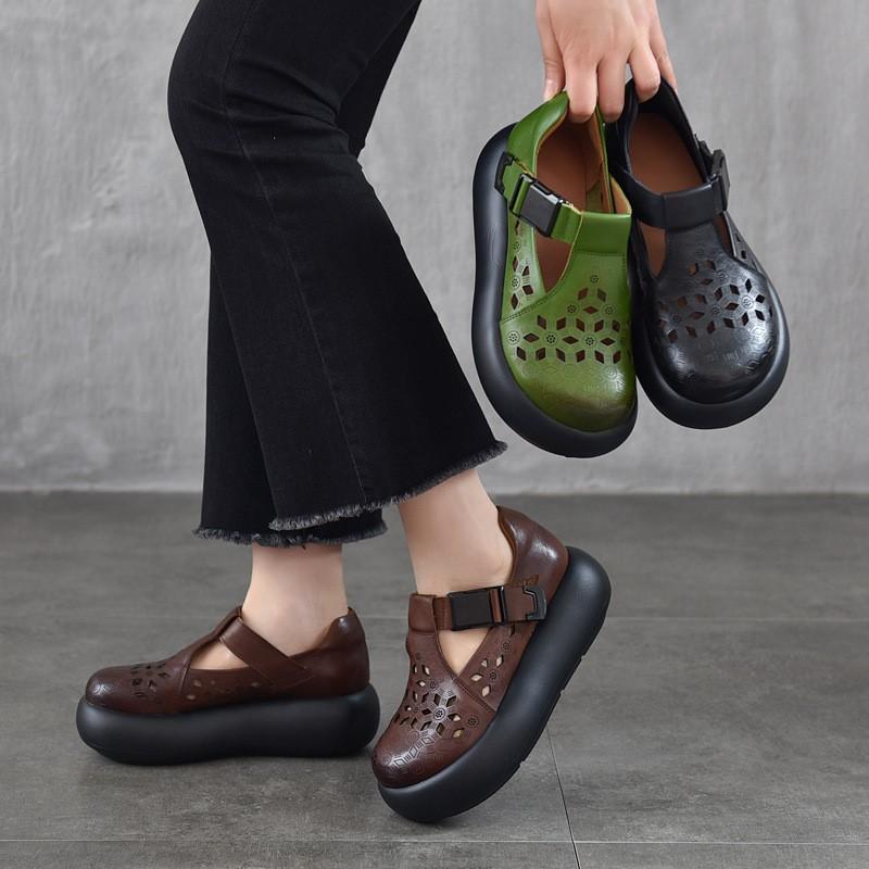 Johnature Genuine Leather Round Toe Thick Soled Women's Shoes Retro Versatile Breathable Hollow-out Platform Sandals