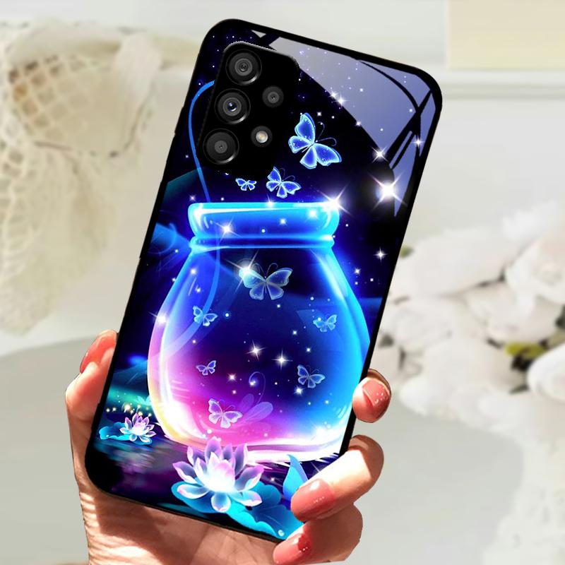 Glass Case For Samsung A13 A23 4G 5G Cartoon Tempered Glass Phone Cover For Galaxy A33 A53 A73 5G Hard PC Glass Protector Cases