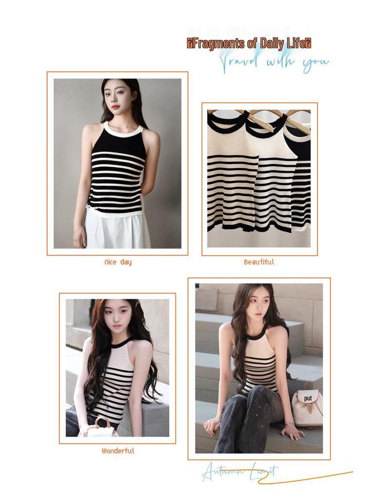 Women's Halterneck Striped Ice Silk Knit Camisole - Sleeveless Top, Covers Armpit Fat, Ideal Summer Outerwear