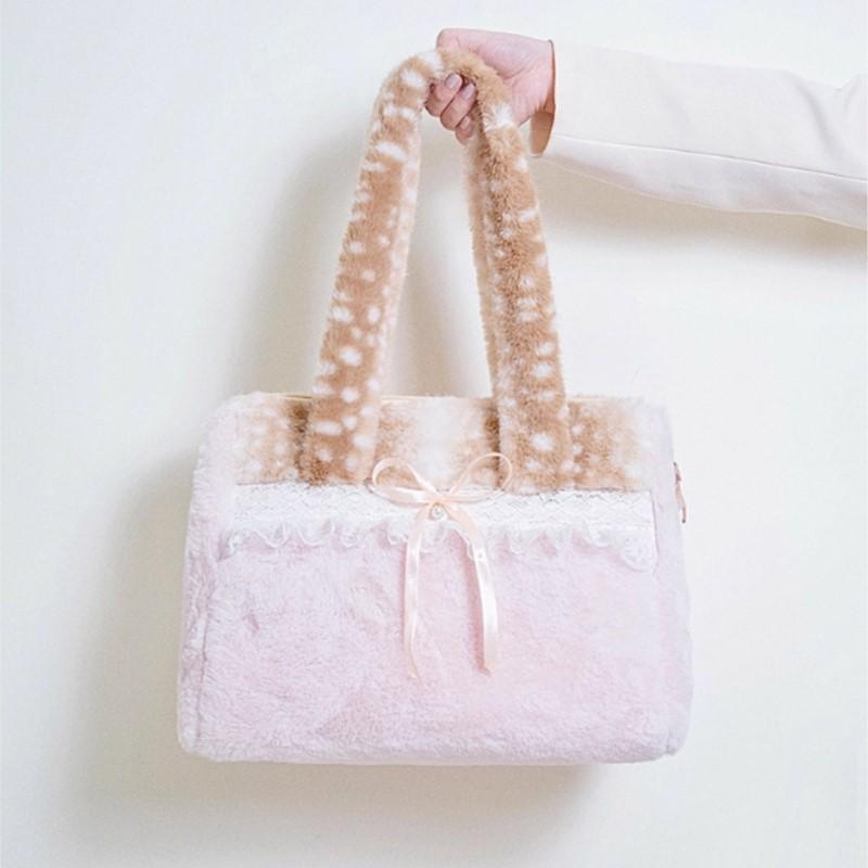 Sweet Cute Plush Bow Tote Bag Women Ballet Style Lace Color Block Large Capacity Shoulder Bags Ladies Harajuku Versatile Handbag
