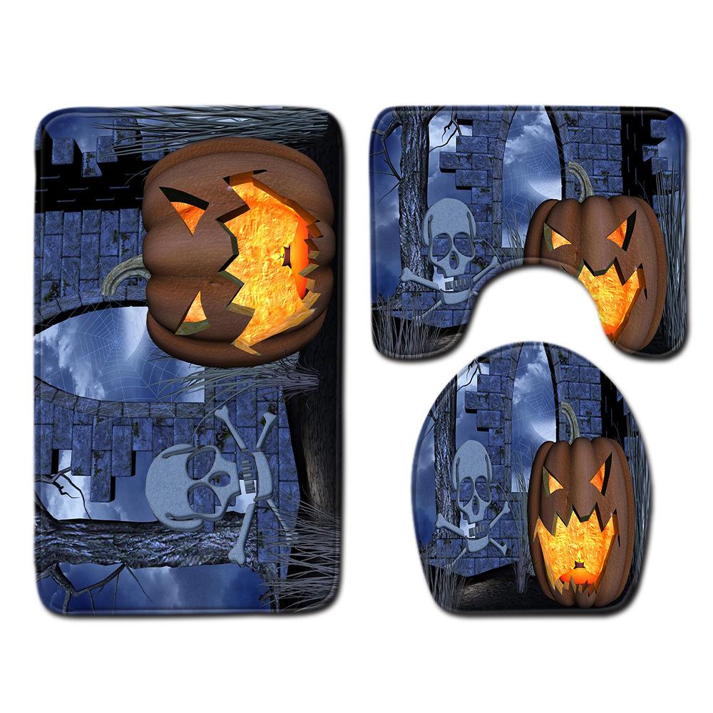 Halloween Shower Curtain Floor Mat Three-Piece Combination Set, Living Room Sand Absorbent Carpet, Bedroom Non-Slip Door Mat