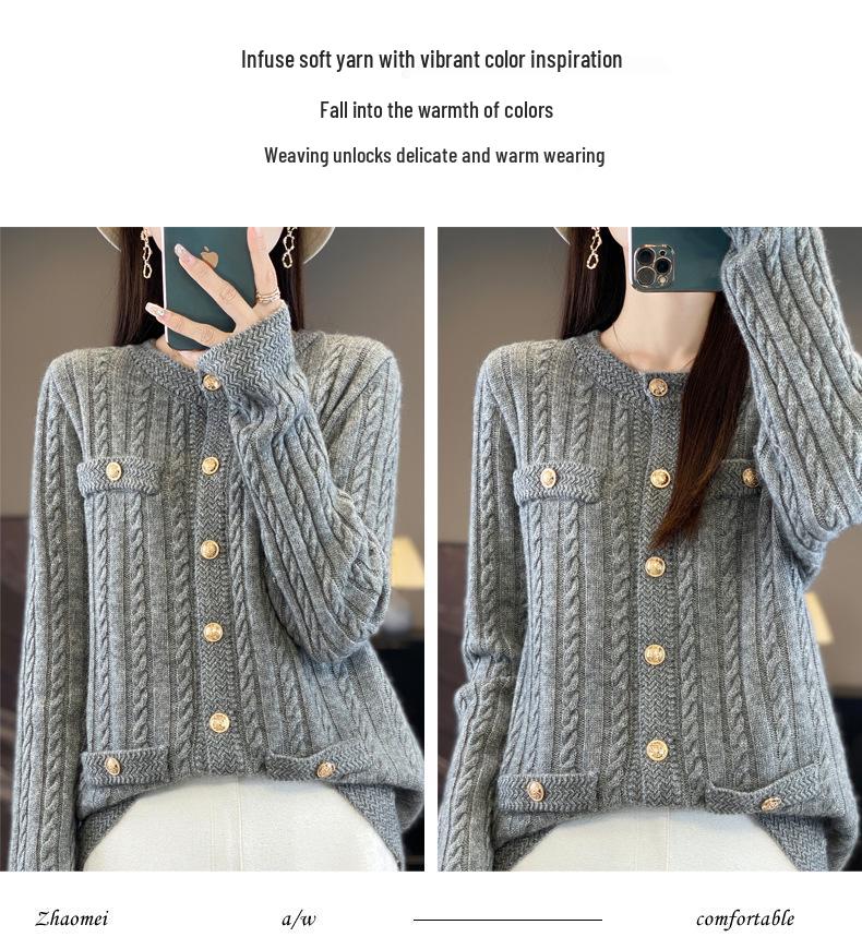 100% Wool Women's French Cable Knit Cardigan - Autumn/Winter Retro Short Aran Tweed Jacket