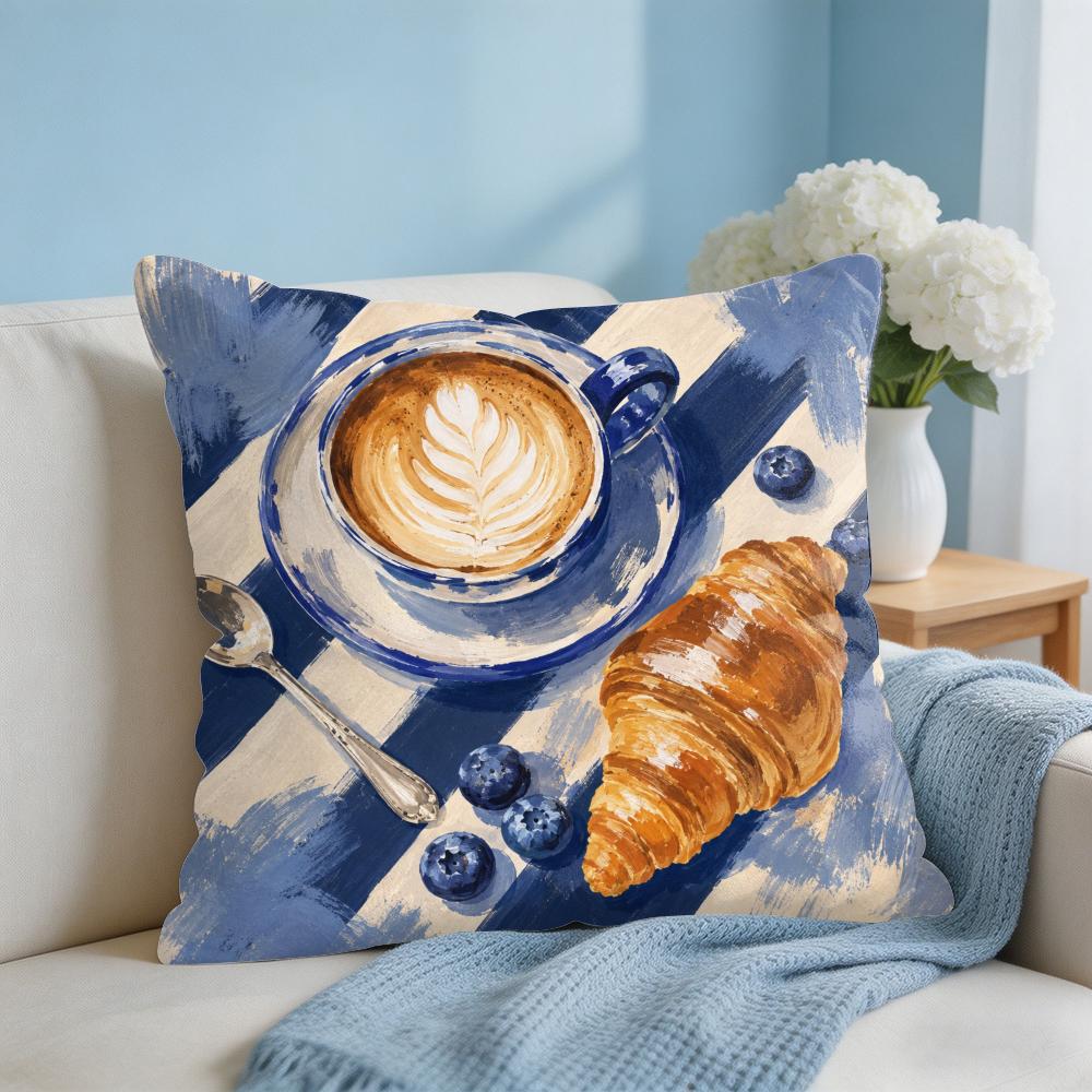 Gouache Painting Picnic Coffee Food Cushion Cover Breathable Cushion Covers Machine Washable Wrinkle-Resistant Soft Durable