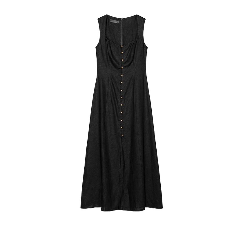 Summer Women Clothes Holiday Style Decorated Row Button Square Collar Linen Blend Midi Dress 6962030 6962029