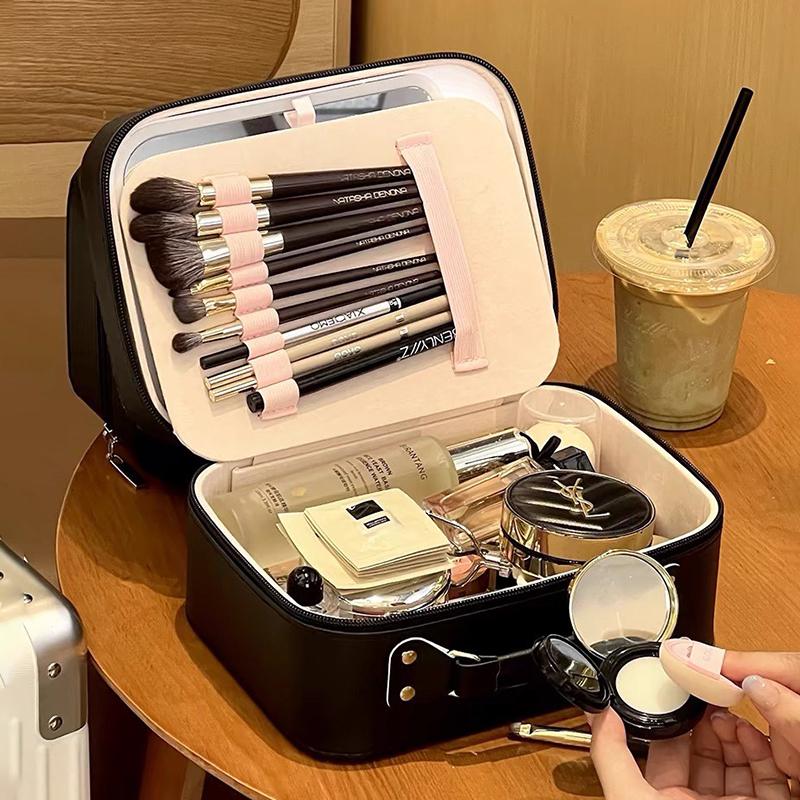 Estuche Cosmético Iluminado con LED Espejo Bolsa de Almacenamiento de Maquillaje Portátil Viaje Impermeable Cuero PU Luminancia Ajustable Gran Capacidad