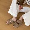 Genuine leather soft-soled fashion fluffy slippers retro fashion outer wear 2025 versatile word with thick-soled fluffy shoes female trend