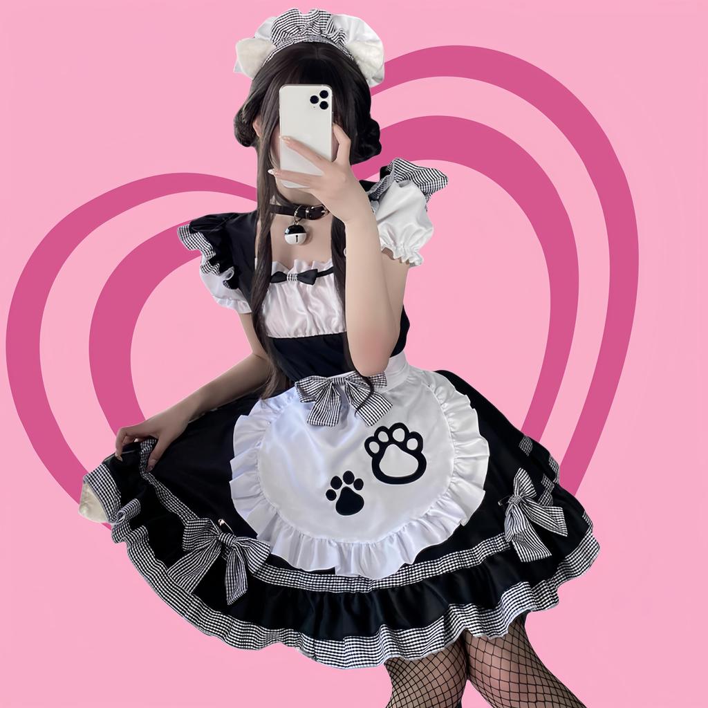 Ligwon Dienstmädchenkostüm mit Reifrock und Übergrößen, Dienstmädchen-Café, Schulfoto, Weihnachten, Kniestrümpfe, S-5XL, Lolita, Katze, Sexy, Damen, Herren, Größen,