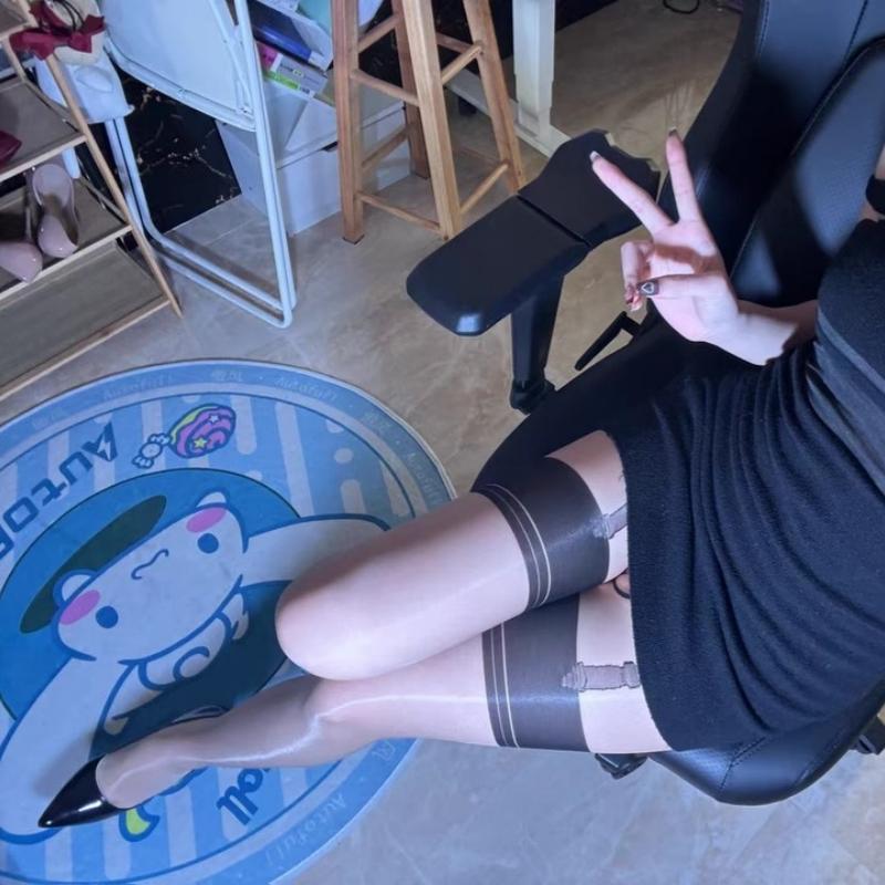 Fake Garter Suspender Belt Thigh High Stockings Women Sexy One Piece Open Crotch Tights 5D Oil Shiny Pole Dance Clubwear