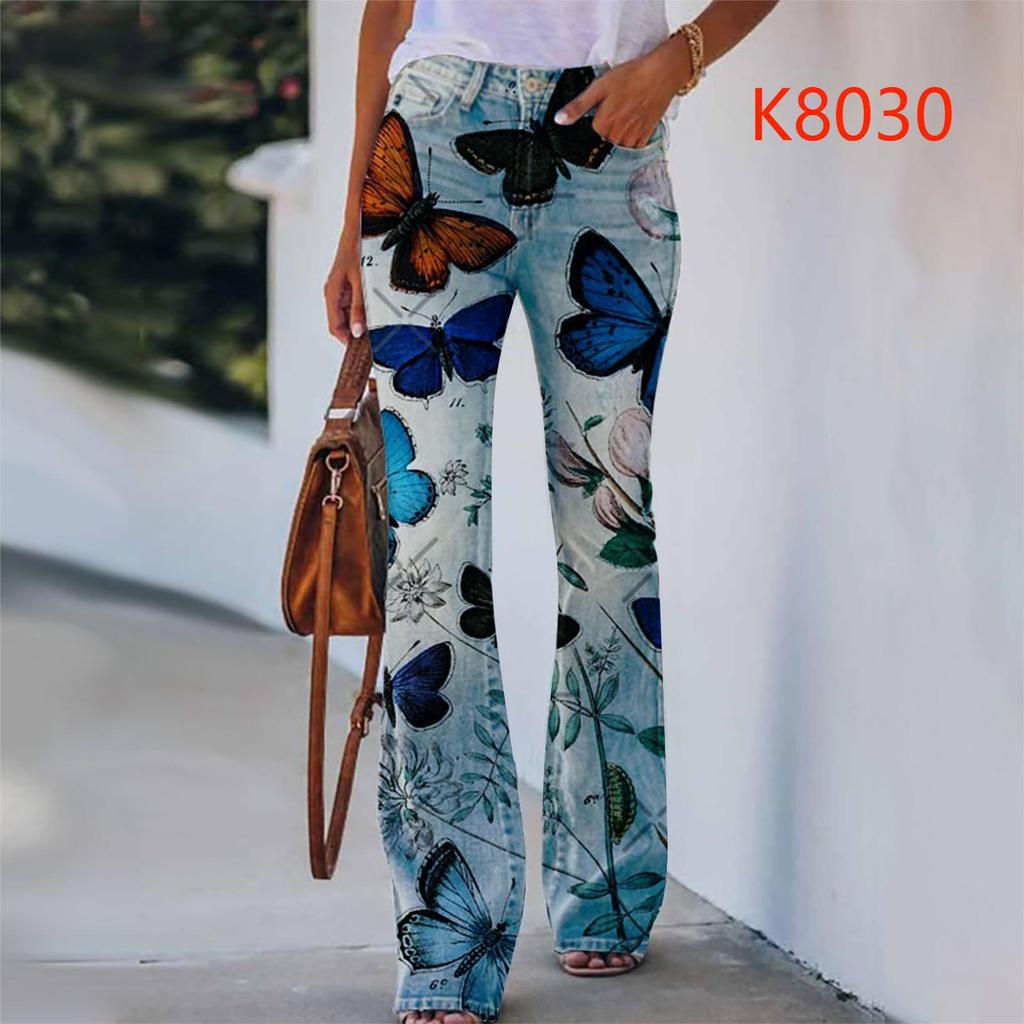 2023 Plus Size European & American Butterfly Faux Denim Micro-flare Pants