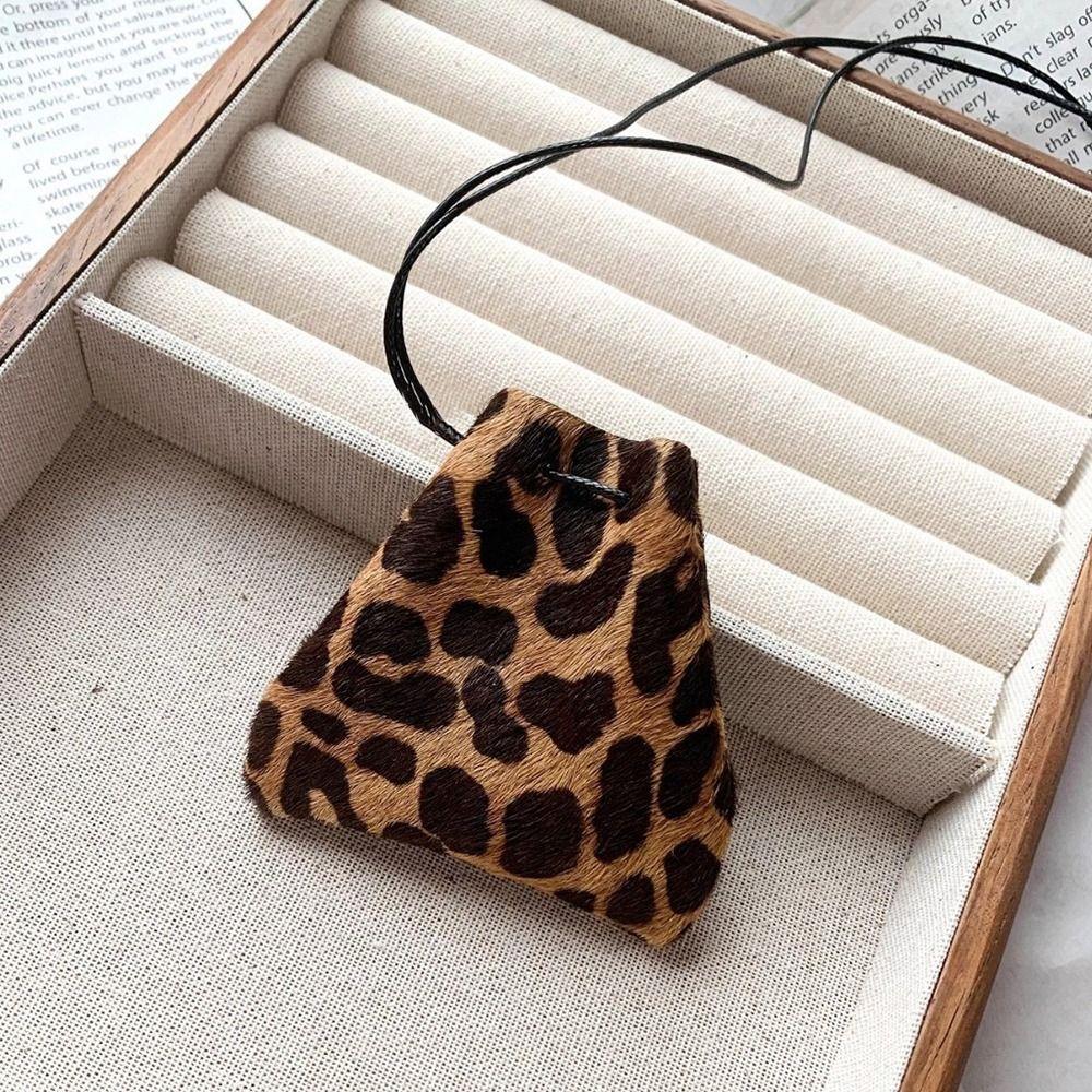 PU Suede Bag Necklace with Long Strap Leopard Print Long Necklace Coin Purse Pendant Wearing Key Bag Necklace Hanging Accessory