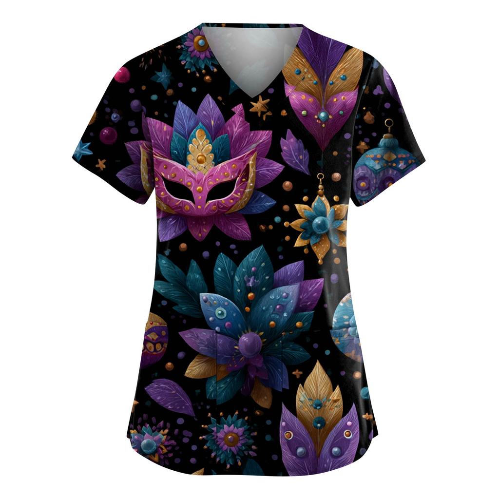 Women's Fashion V-Neck Short-Sleeved Workwear With Pockets Carnival Print Top Caregiver Uniform