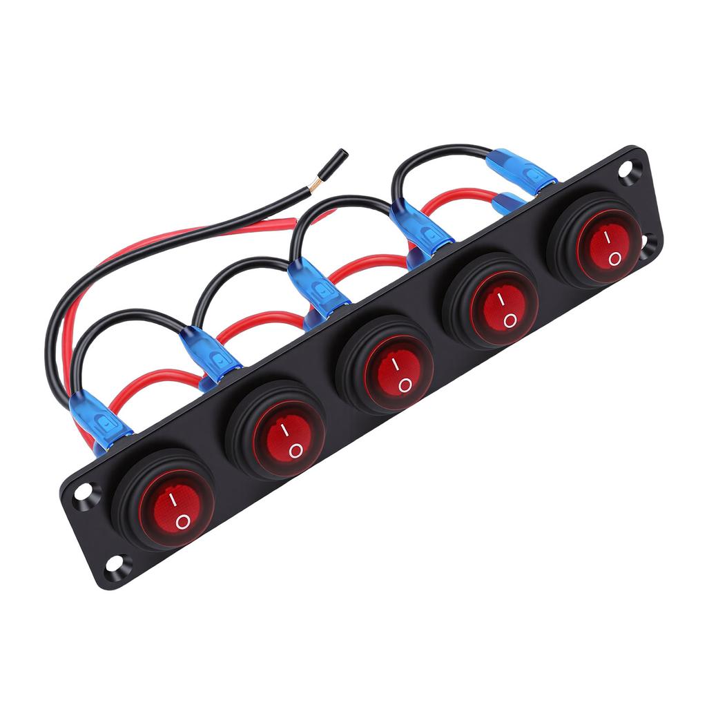 5 Gang Rocker Switch Panel 20A Red Circular On Off Switch Water Proof Aluminum Alloy Panel for Car Boat RV Truck Trailer