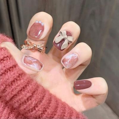 Nail Piece Wear Nail Red Short Nail Smudge Bow Pearl Wear Nail Piece Removable Nail Piece