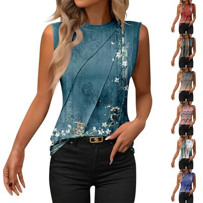 Ladies' Summer Fashionable Round Neck Casual Printed Striped Sleeveless Vest Shirt