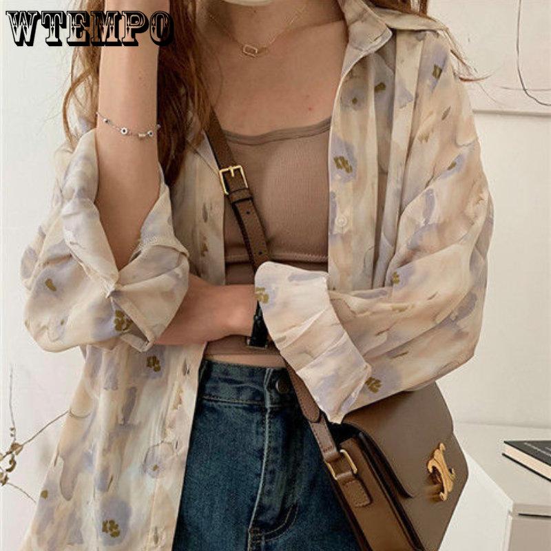 Spring and Autumn Women's Shirt Three-color Vintage Printed Chiffon Shirt Loose Lapel Oil Painting Casual Commuter Women's Top