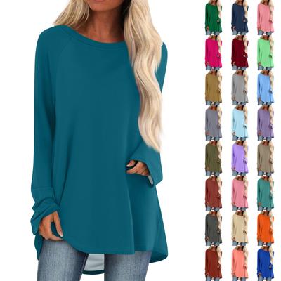 Women's Fashionable Loose Mid-length Round Neck Pullover Solid Color Raglan Sleeves Long-sleeved Casual Top