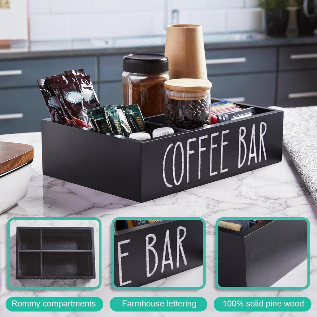 Wooden Coffee Bar Organizer 4-Grid Coffee Station Countertop Storage Box With Removable Dividers Kitchen Tea Cup Container