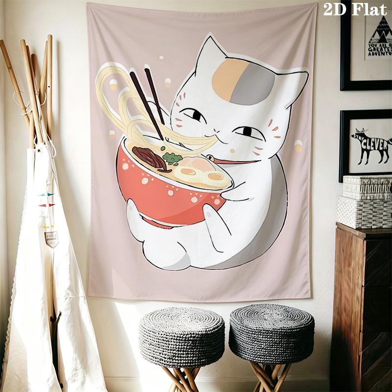 Noodle-Eating Kitten Pattern Home Decor Tapestry, Wall Hanging, Decorative RV Wall Cloth.MGT0918273