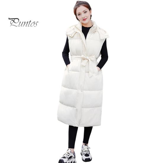 Winter Women Waistcoat Thickened Padded Zipper Closure Hooded Loose Fit Adjustable Waist with Belt Sleeveless Solid Color Windproof Heat Retention