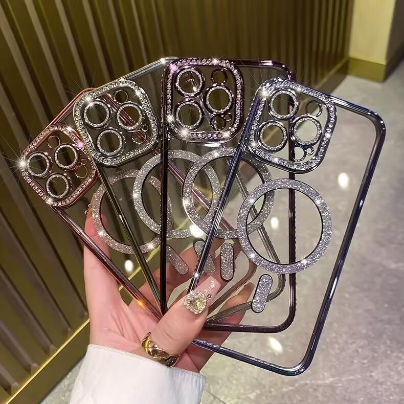 Applicable To IPhone 16 Magnetic Suction Mobile Phone Case Transparent Electroplating Edge Diamond Flash Powder Apple 14/15 Promax Silicone