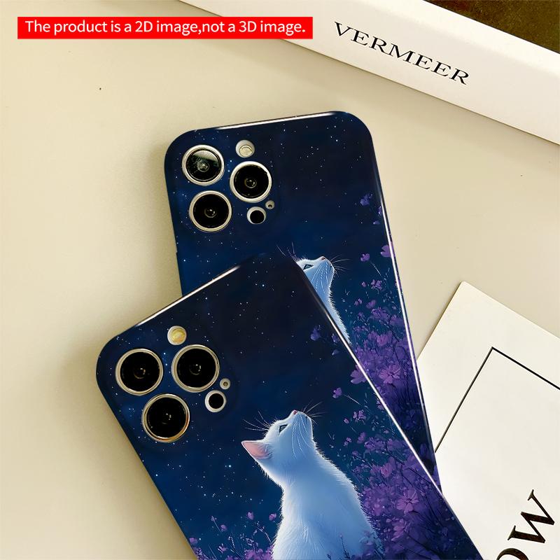 2DFlat Starry Night Cat In Purple Flowers All Inclusive Film Hard iPhone Case, Compatible with iPhone 18 Pro Max 17 16 15 14 13 12 11